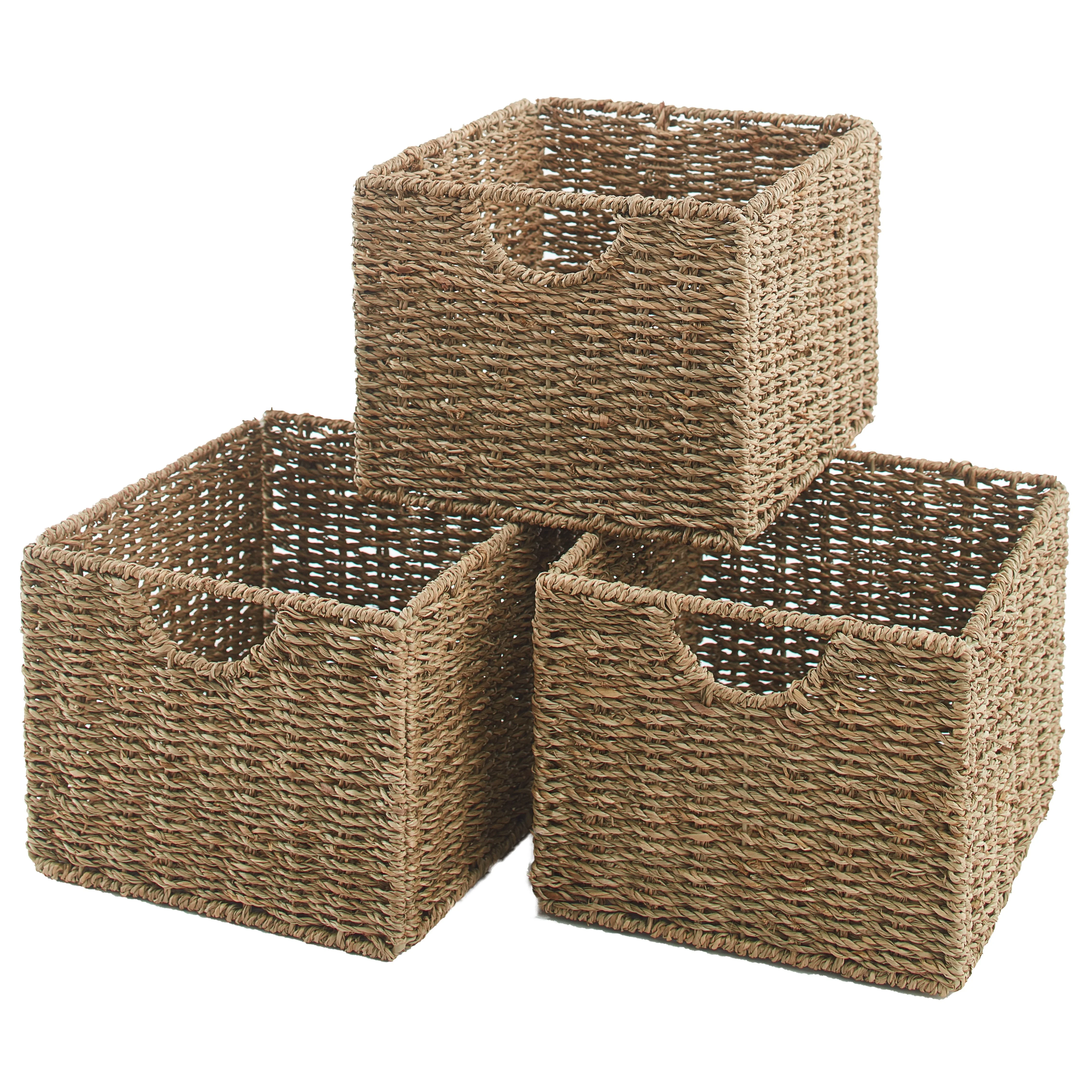The Lakeside Collection Set of 3 Wicker Storage Basket Bins for Organizing Closet Shelf, Bathroom, Crafting, Kitchen, or Kids Room - Empty Handwoven Seagrass Cubes with Handle for Tidy Organization
