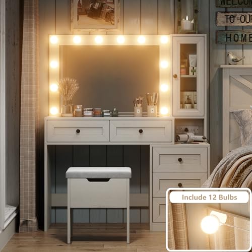 Large Farmhouse Mirror Vanity Desk with LED Bulbs White Makeup Table Set Glass Tabletop for Bedroom Charging Station & Power Outlet Adjustable Light Mode