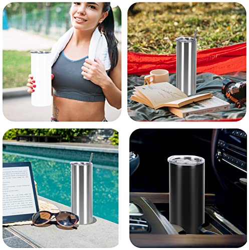 20 Oz Stainless Steel Straight Skinny Tumbler Set (8 Pack), Insulated Slim Thin Travel Cup with Lid, Black