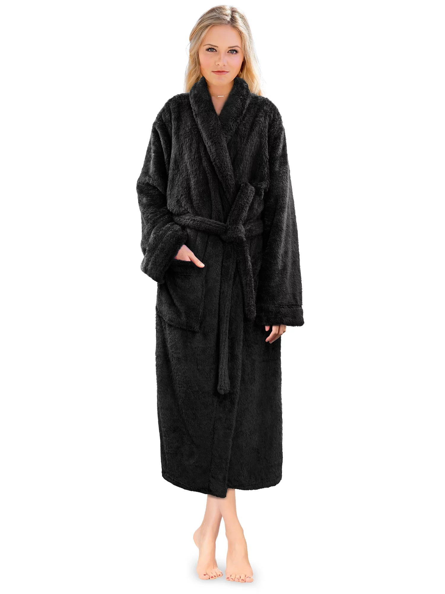 PAVILIA Premium Womens Plush Soft Robe Fluffy, Warm, Fleece Sherpa Shaggy Bathrobe (2XL/3XL, Black)