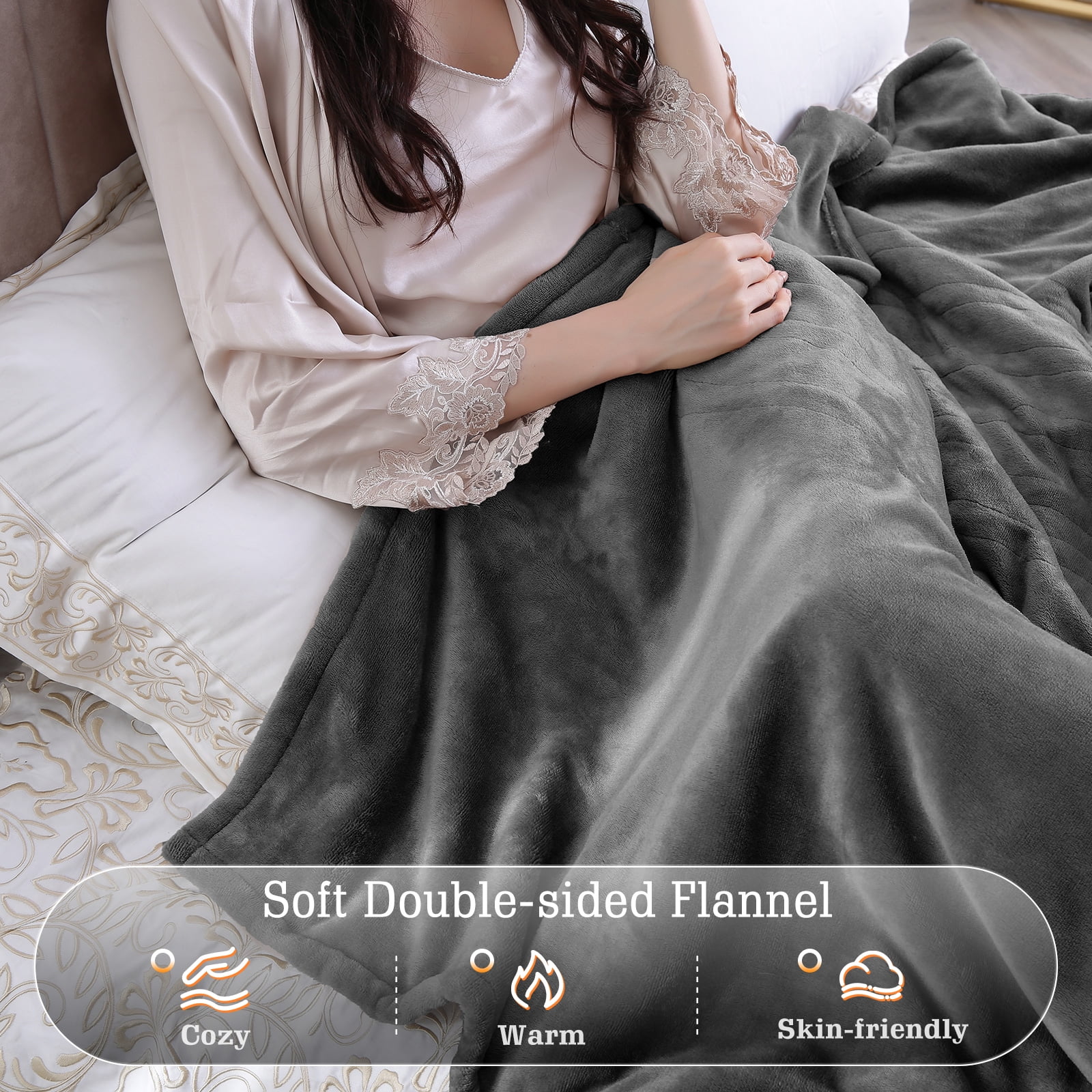 Maxkare Electric Heated Blanket 62" x 84" Twin Size with 6 Heating Levels & 9H Auto-off, Machine Washable Flannel, Gray