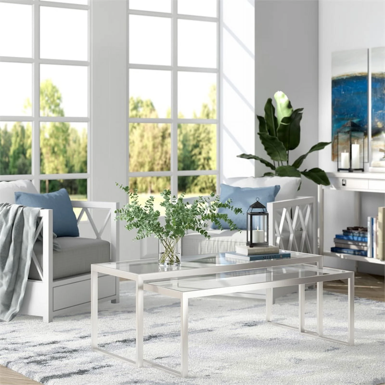 Pemberly Row Metal Rectangle Nested Coffee Table in Gray with Glass Top