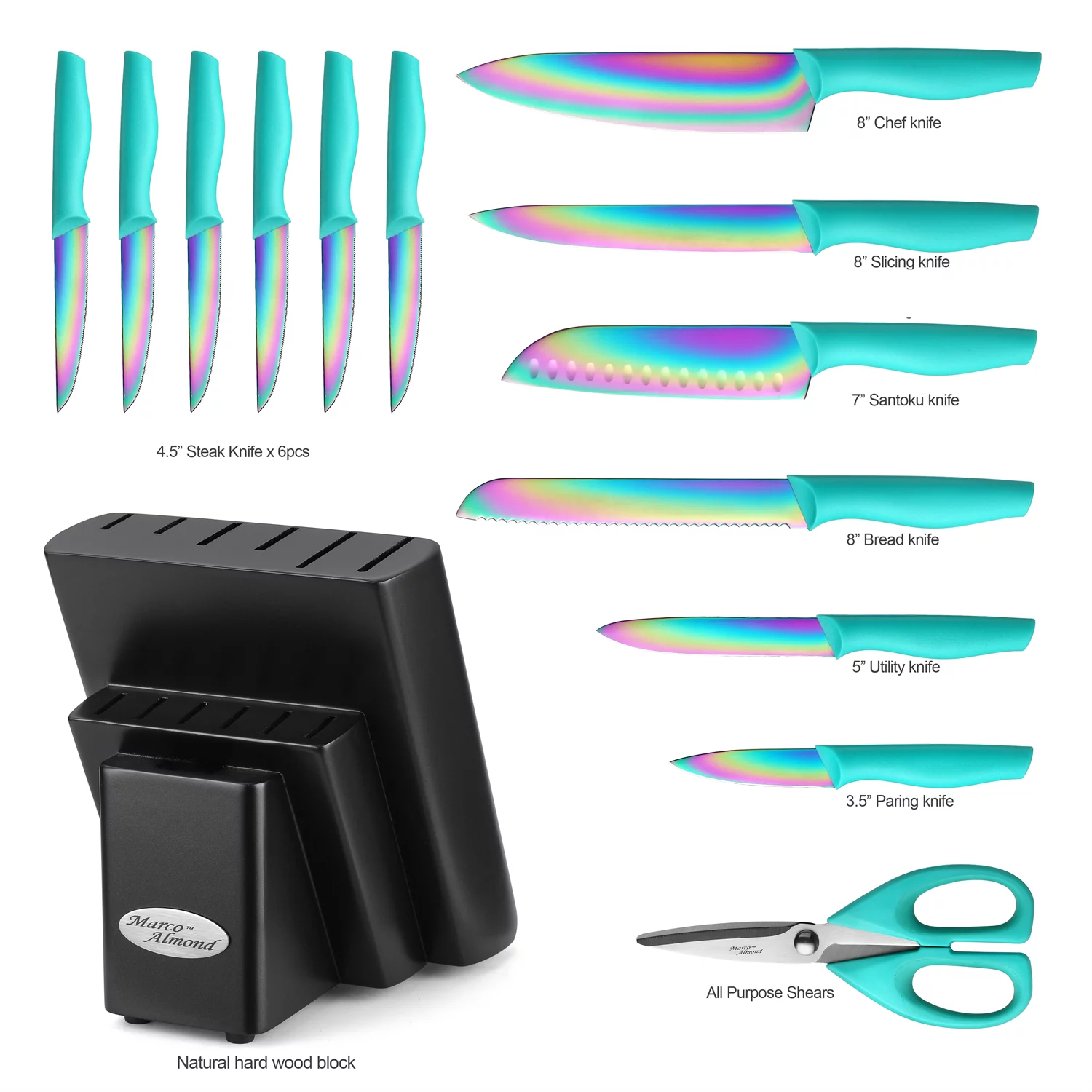 Marco Almond KYA27 14-Piece Kitchen Knife Block Set Rainbow Cutlery Knife Set Dishwasher Safe
