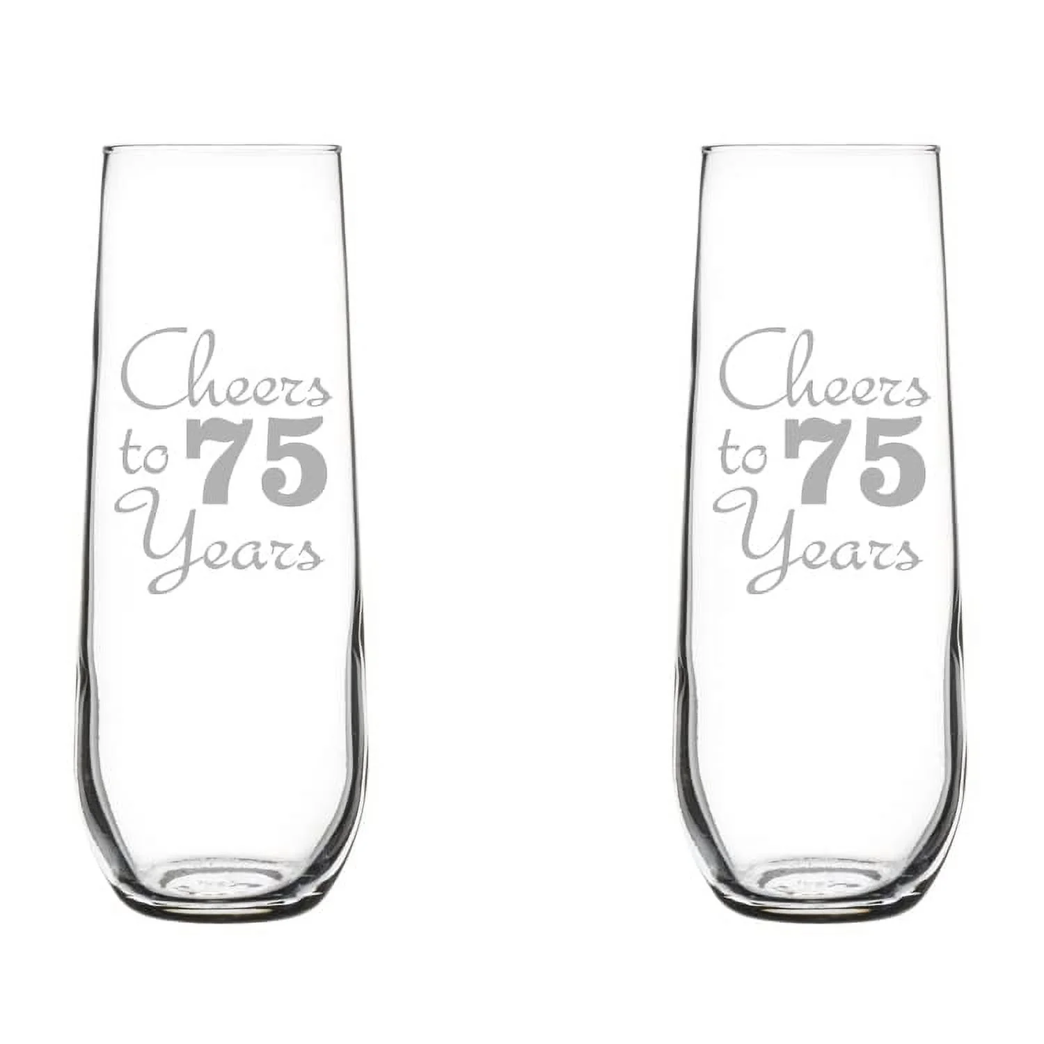 Set of 2 Glass Champagne Flutes Sparkling Wine Glasses Birthday Anniversary Cheers 75 Years (8.5 oz Stemless)