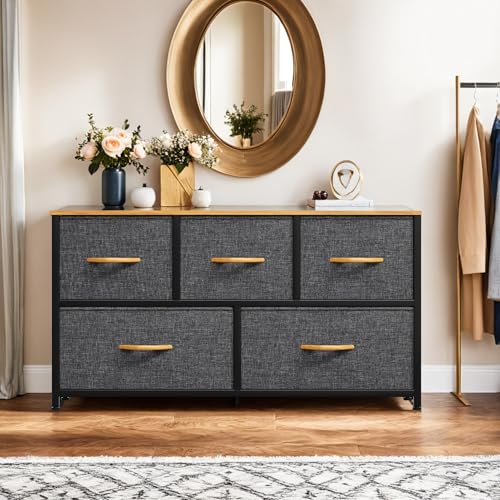 YITAHOME Dresser with 5 Drawers - Fabric Storage Tower, Organizer Unit for Bedroom, Living Room, Closets - Sturdy Steel Frame, Wooden Top