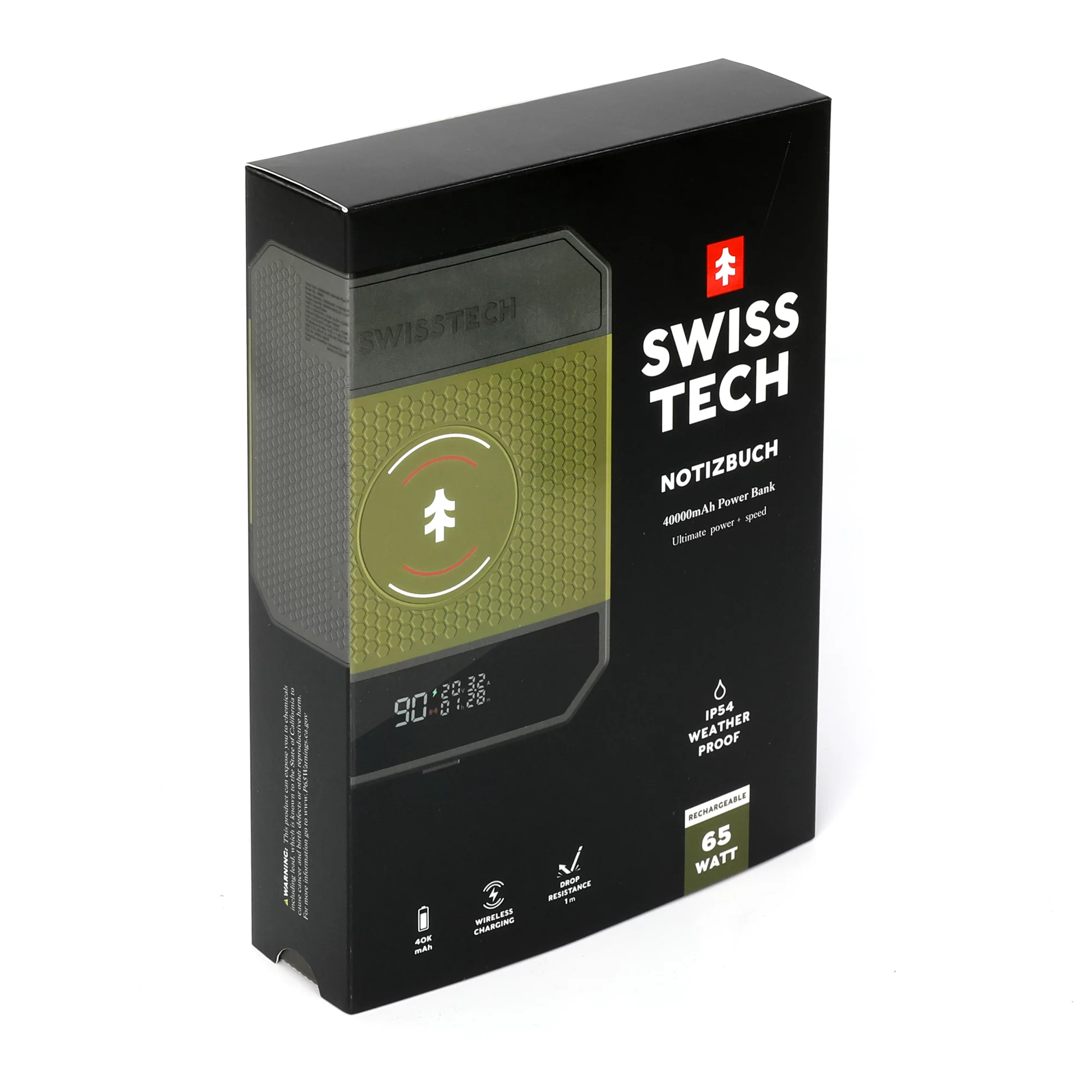 Swiss Tech 40000 mAh Wireless Power Bank with Charging Pad and 65W Fast Charge, IP54 Weatherproof