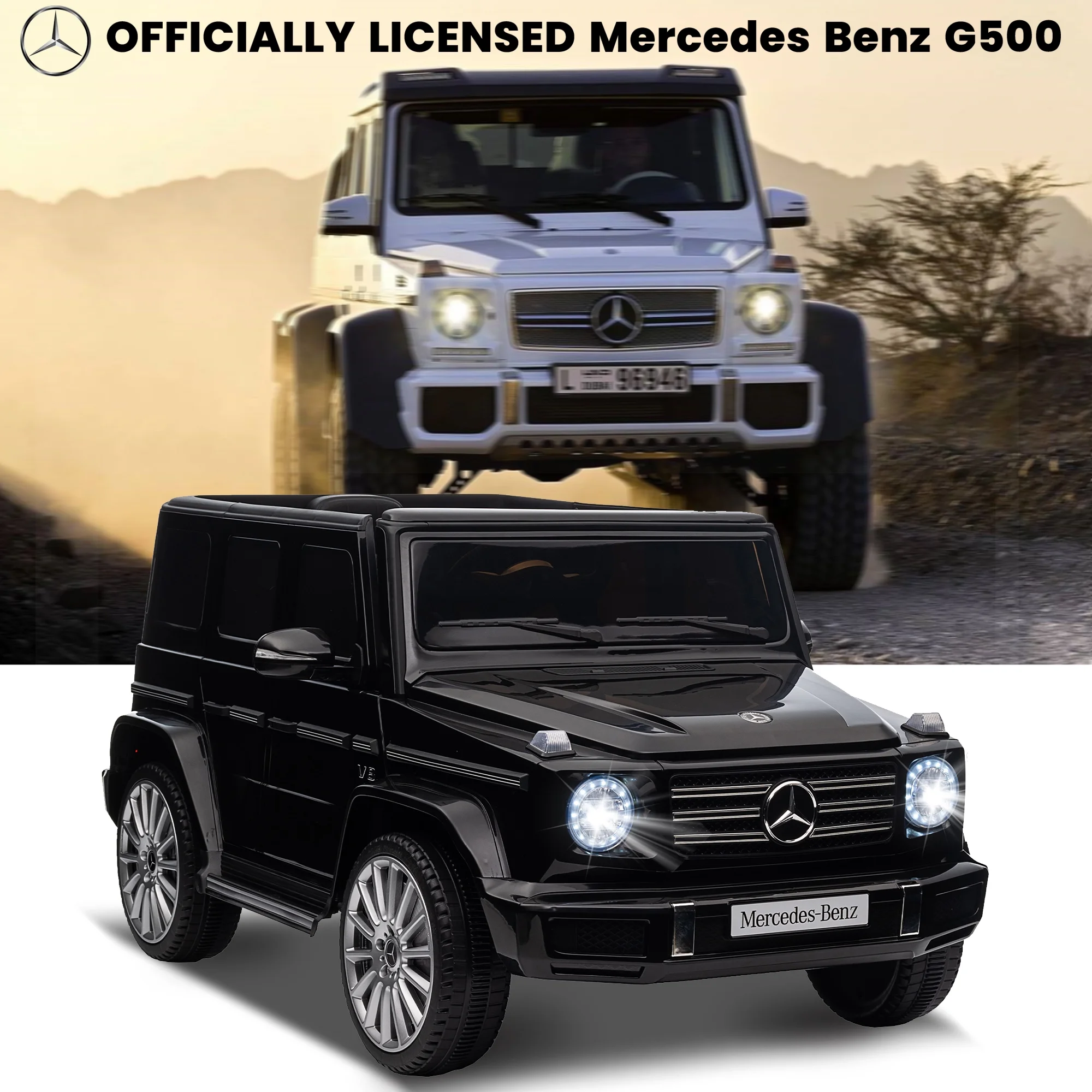 24V Ride On Cars with Remote Control, Licensed Mercedes Benz G500 Kids Electric Car for Boys Girls Gifts, Battery Powered Ride on Trucks Toys with Bluetooth, MP3, Music, Led Lights, USB, Black