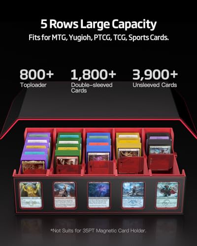 Trading Card Storage Box 3900+ Capacity - 5-Row Card Case with Magnetic Lid & Commander Display for MTG TCG Sports Cards,Includes 5 Toploaders/50 Dividers/10 Stoppers/Dice Box/Cleaning Cloth