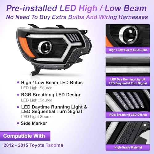 500% Brighter LED Headlight Assembly Compatible With 12-15 Tacoma w/Sequential Turn Signal 2012-2015 Tacoma Black Housing Amber Relfector