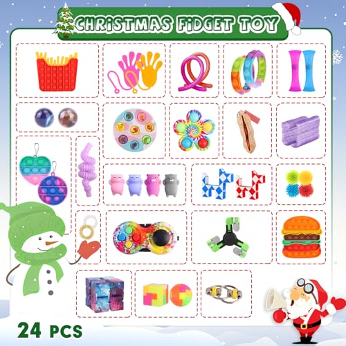 Advent Calendar Children with 24 Pcs Fidget Toys Advent Calendar 24 Days Christmas Countdown Calendar of Sensory Surprise Party for 3-12 Years Old Children Boys Girls