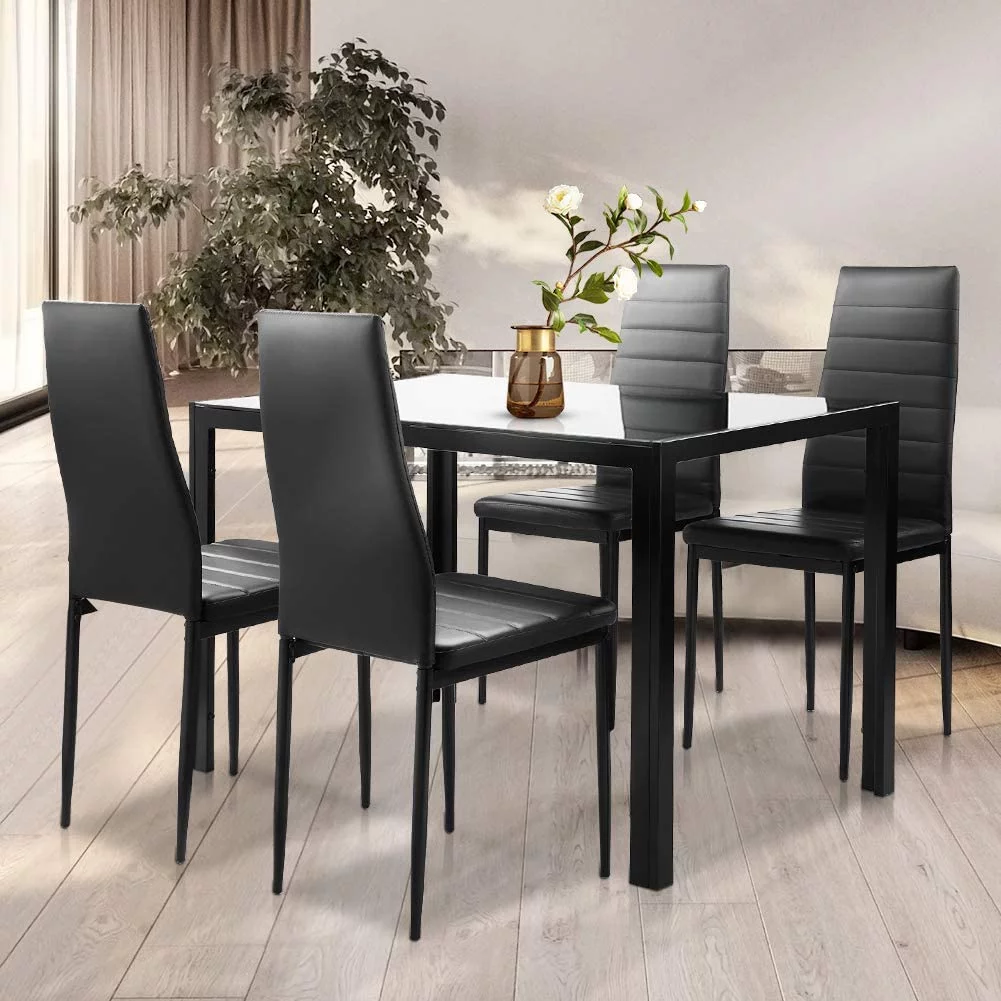 Recaceik Glass Dining Table and 4 PU Leather Chair, Suit 4-6 families, Kitchen Table 29.5