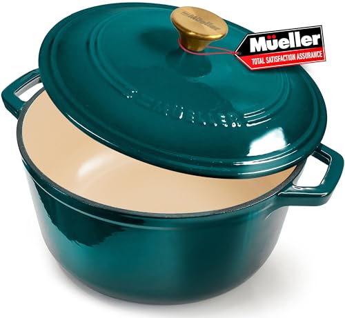 Mueller 6qt Enameled Cast Iron Dutch Oven, Heavy-Duty Casserole and Braiser Pan with Lid and Knob, Oven-Safe up to 500° F & Across All Cooktops, White