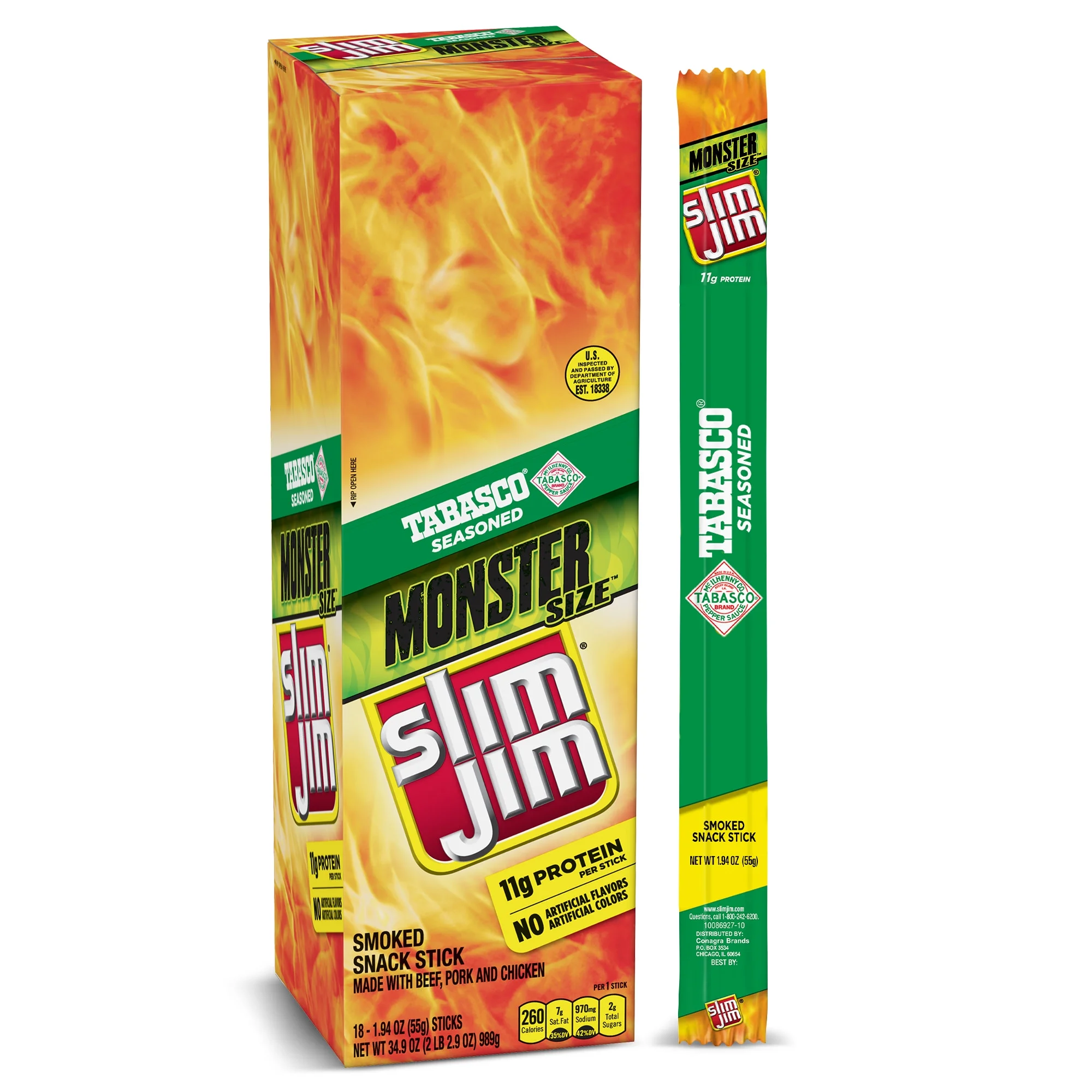 Slim Jim Monster Size Tabasco Smoked Snack Sticks, Monster Meat Sticks, 1.94 Oz, 18 Ct