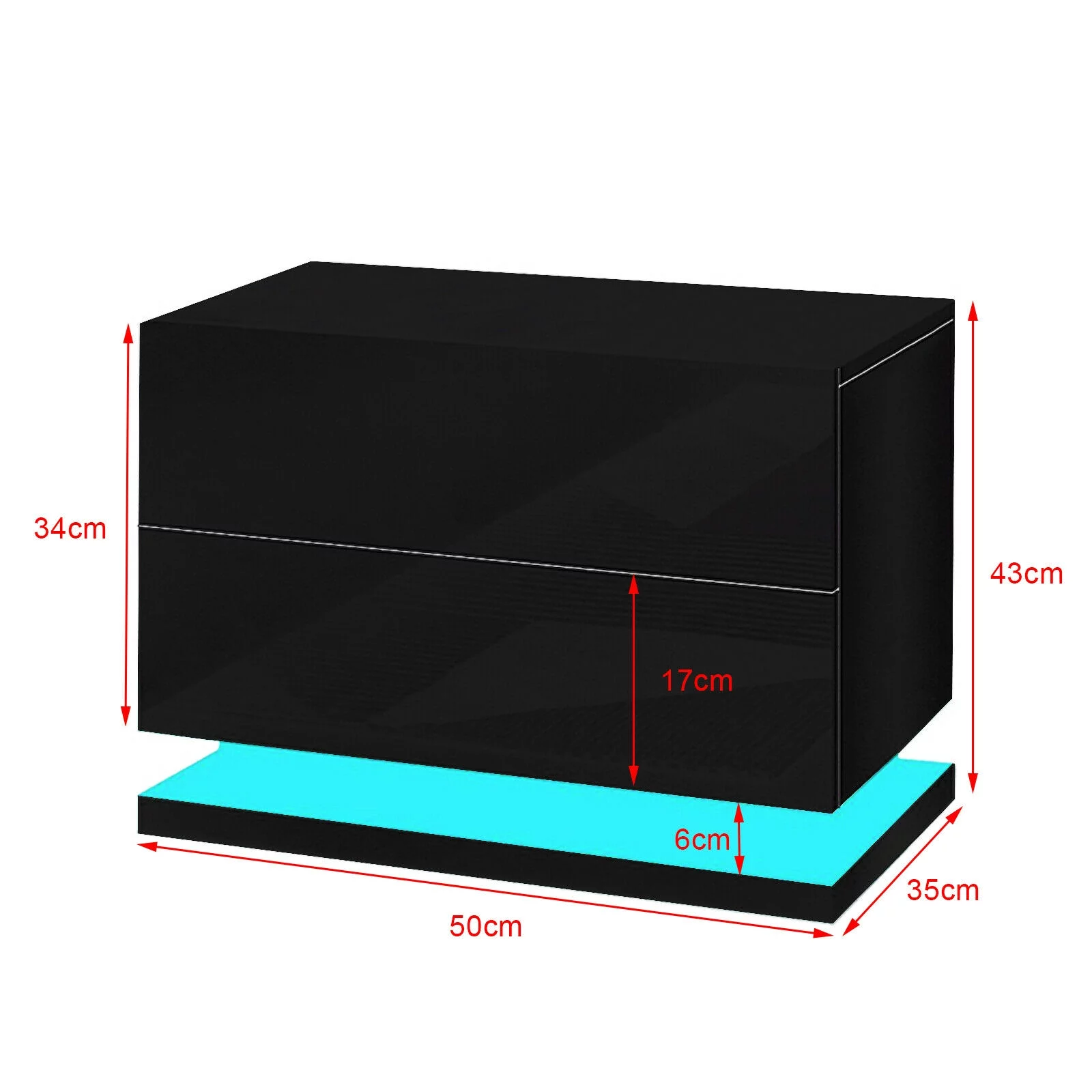 Modern High Gloss Nightstand Black Bedside End Table 2 Drawers Bedroom Furniture with LED Light
