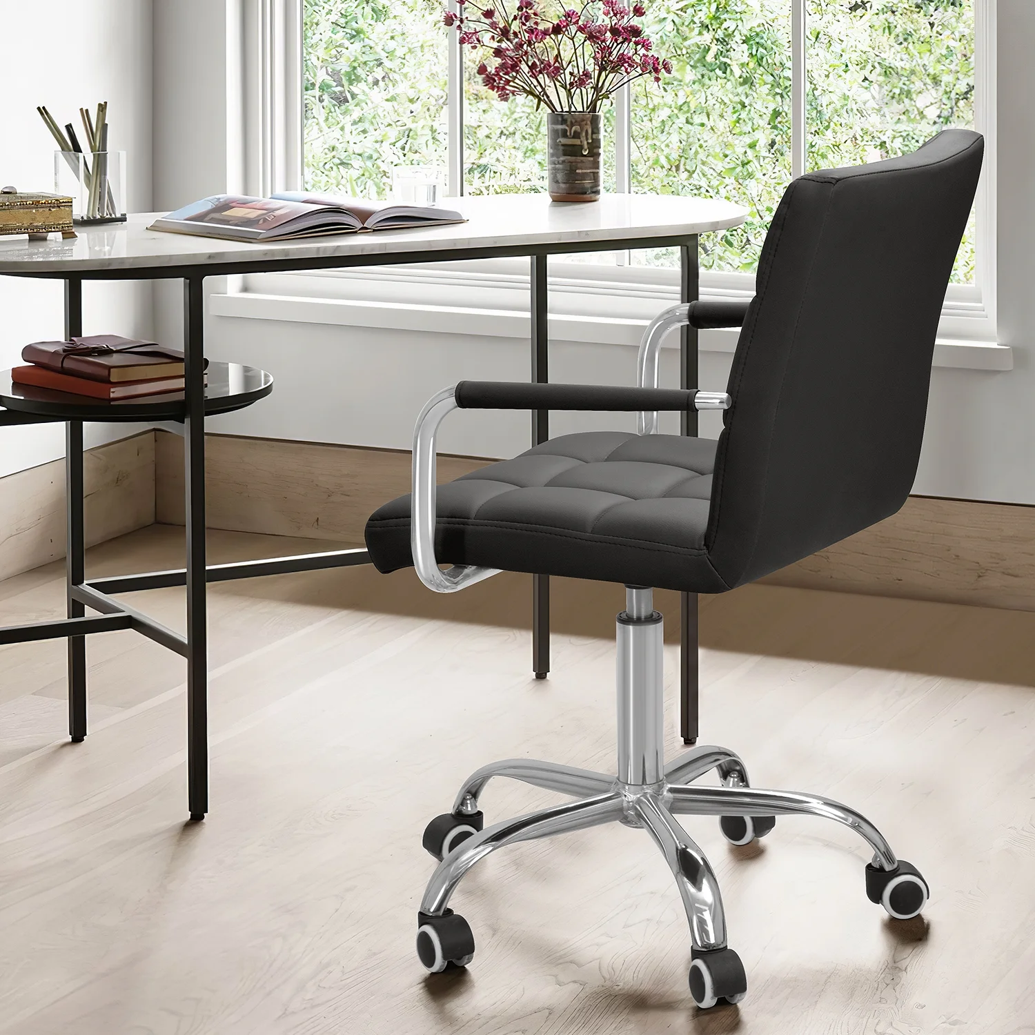 Furmax Mid-Back Office Chair Ribbed PU Leather Executive Chair, Black