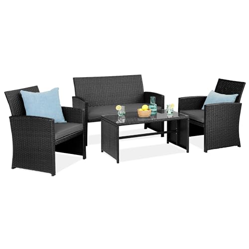 Best Choice Products 4-Piece Outdoor Wicker Patio Conversation Furniture Set for Backyard w/Coffee Table, Seat Cushions - Gray/Navy