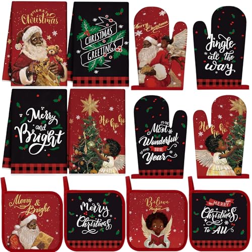 12 Pcs Christmas Kitchen Towels Pot Holders and Oven Mitts Set 4 Santa Claus Dish Towels 4 Snowman Oven Mitts 4 Candy Cane Christmas Ball Potholders for Cooking Dish Baking Decorative