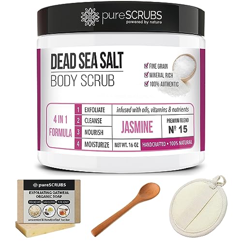 pureSCRUBS Premium Eucalyptus Body Scrub Set - Large 16oz Dead Sea Salt Body Scrub With Infused Essential Oils & Nutrients, Includes Wooden Spoon, Loofah & Oatmeal Exfoliating Bar Soap