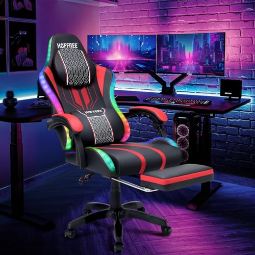 HOFFREE Pink Gaming Chair with Speakers and Massage Led Gaming Chair with Footrest Big and Tall Video Game Chair Reclining High Back Computer Desk Chair for Girls Pink and White