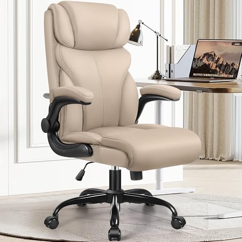Office Chair, Ergonomic Big and Tall Computer Desk Chairs, Executive Breathable Leather Chair with Adjustable High Back Flip-up Armrests, Lumbar Support Swivel PC Chair with Rocking Function