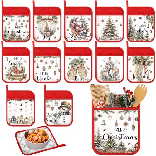 Roshtia 12 Pcs Christmas Pot Holders with Pocket Xmas Santa Pot Holders for Kitchen Winter Hot Pads Oven Mitts Cookie Bag Cute Heat Resistant Oven Gloves for Kitchen Gift Baking Cooking