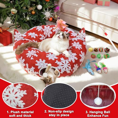OurWarm Cat Tunnel Christmas Tree Skirt, Red Snowflake Cat Donut Tunnel Under Christmas Tree with Washable Mat & 11Pcs Cat Toys Interactive, Soft Plush Peekaboo Cave Bed for Indoor Cats Small Animals
