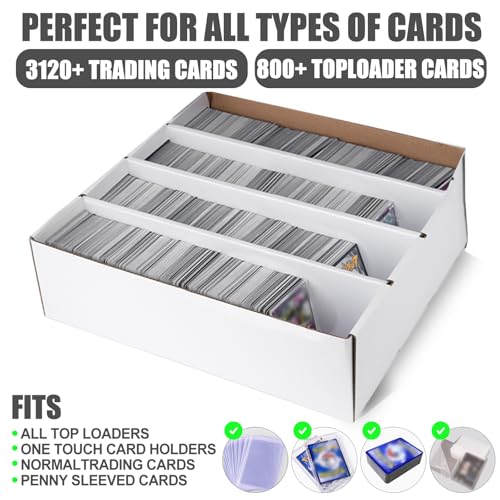 Collector Card Storage Box – Holds 3120 Trading Cards, White Sports Card Organizer with Sorting Tray & Sleeve Cases for Soccer, Basketball & More(4 Sets)