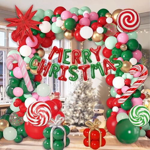 170Pcs Christmas Balloon Garland Arch Kit with Merry Christmas Banner Red Green Pink Gold Printed Confetti Balloons Cane Candy Star Foil Balloons for Xmas Party Indoor Outdoor Decorations Supplies
