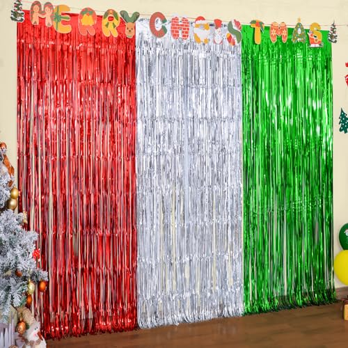 LOLStar 3 Pack Christmas Party Decoration 3.3X6.6 ft Each Red Silver Green Tinsel Fringe Curtains Party Photo Backdrop Streamer for Christmas,New Year, Ugly Sweater Party