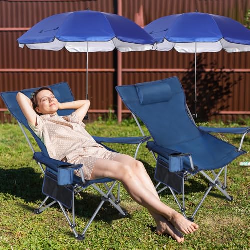 Karenhi 1 Set Beach Camping Chair with Umbrella for Adult Folding Reclining Camping Chair with Foot Rest Adjustable Clamp Canopy Shade for Outdoor Patio Beach Travel(Black)