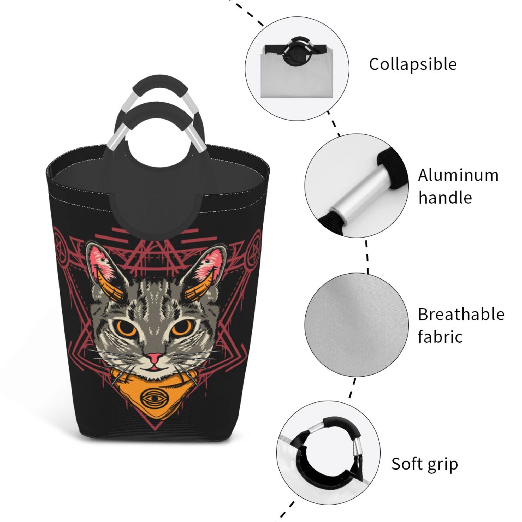 DouZhe 50L Rectangular Laundry Basket, Gothic Cartoon Devil Cat Prints Waterproof Foldable Laundry Hamper with Aluminum Handles