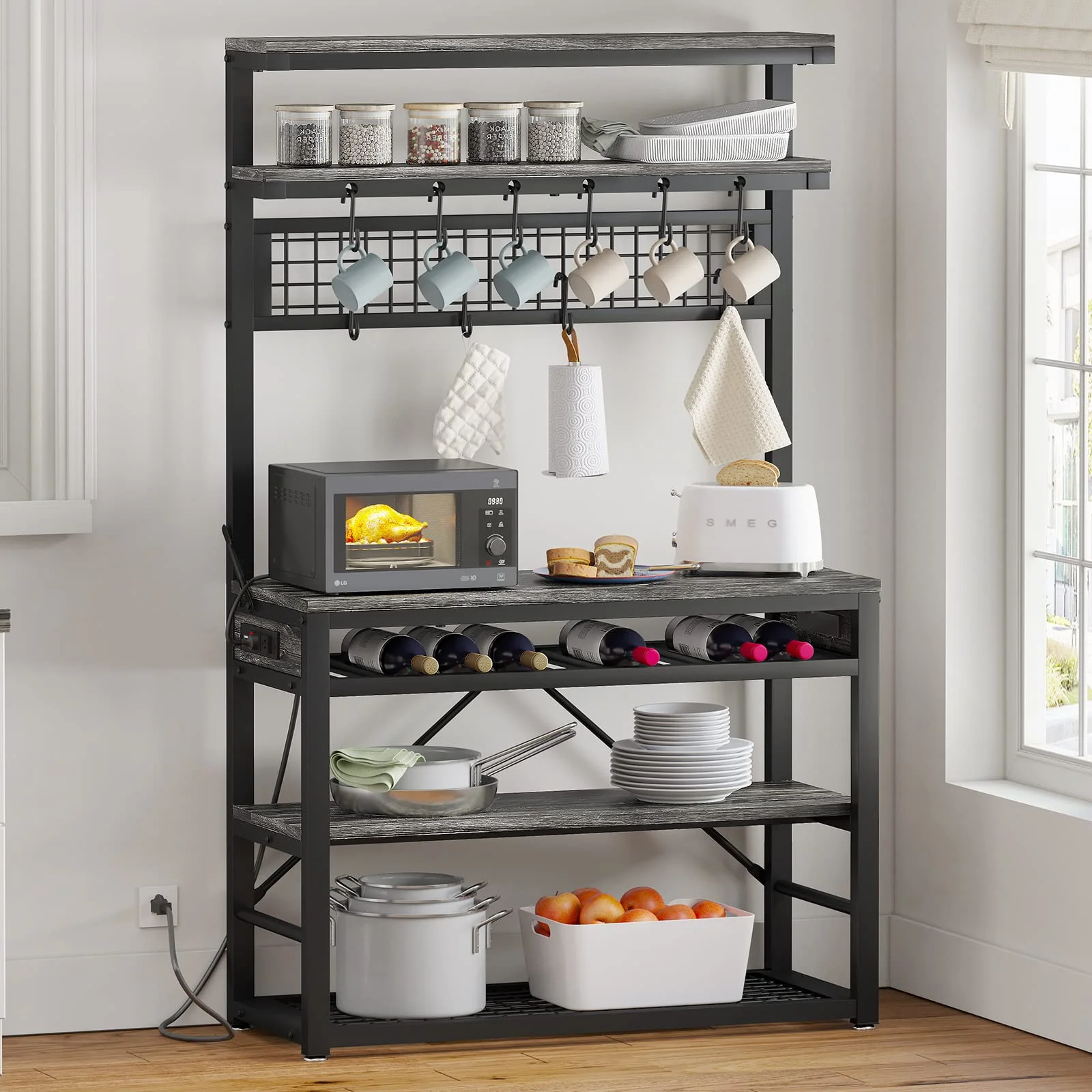 EPHEX Bakers Rack with Power Outlet, 6-Tier Coffee Bar, Microwave Stand with Wine Rack, LED Lights and 10 Hooks, Bakers Racks for Kitchens with Storage, Grey