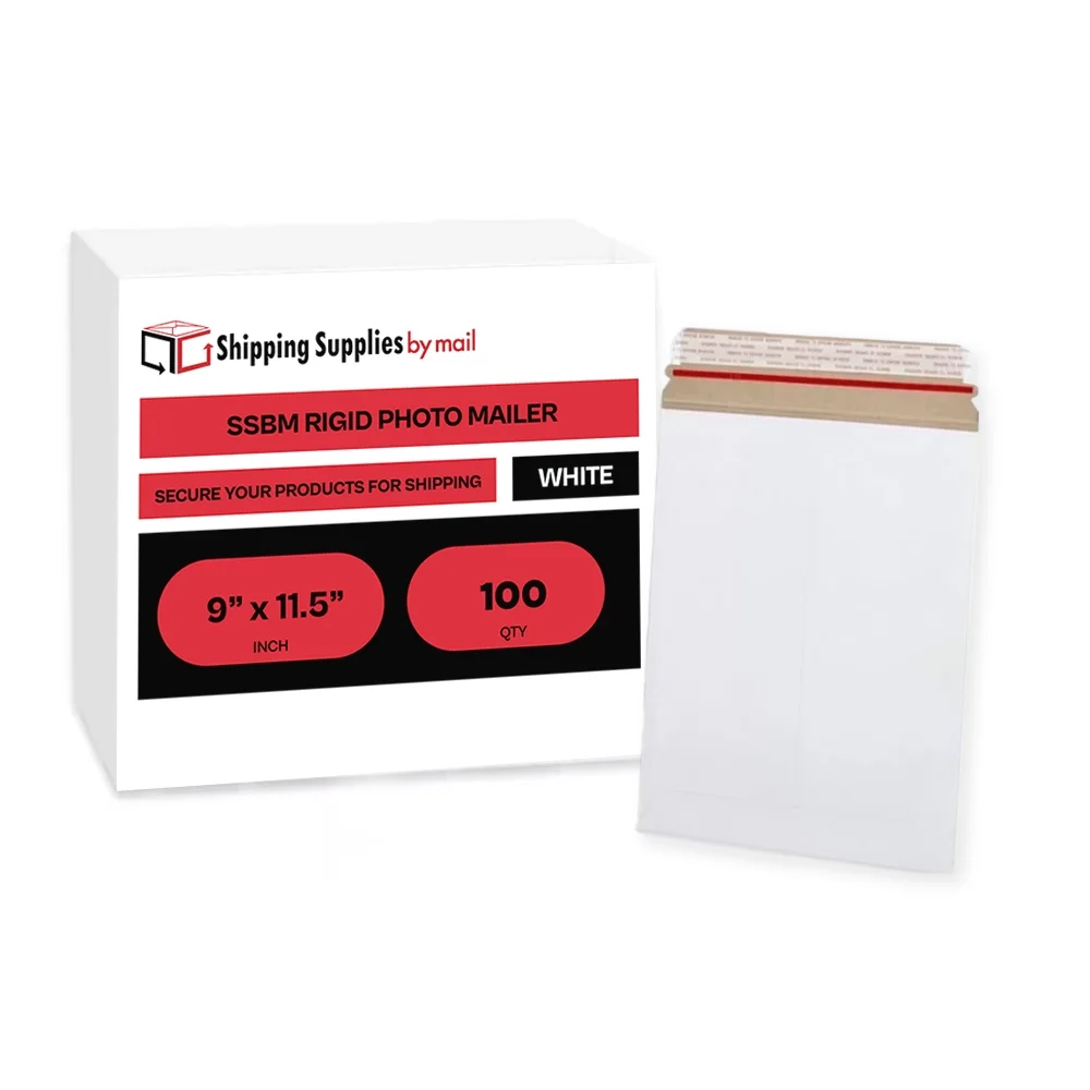 SSBM 100 Pack Rigid Mailers with Self Adhesive Seal, White Cardboard Envelopes for Shipping Photo, Documents, Letters, Packaging Supplies, 9