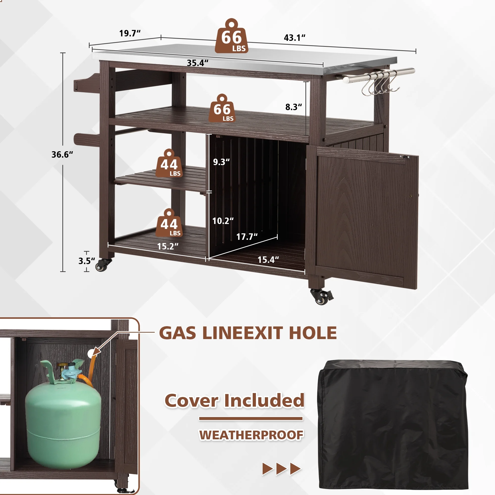 AHB Outdoor Grill Table Solid Wood Storage Cabinet, Rolling Kitchen Island, Movable Bar Cart with Stainless Steel Top, Waterproof Cover for Outside Patio, Backyard, Garden (Brown)