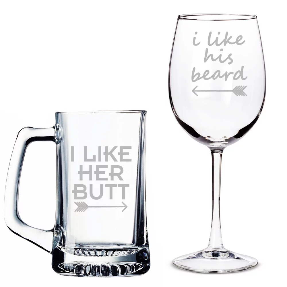 I like Her Butt Beer Mug and I Like His Beard Wine Glass Set
