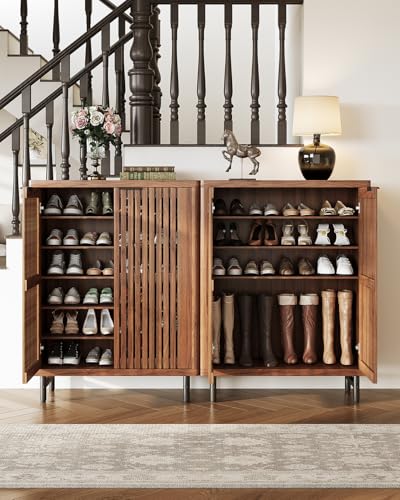 LITTLE TREE 6-Tier Shoe Cabinet with Doors for Up to 24 Pairs, Large Wooden Shoe Storage Cabinet with Adjustable Shelves, Retro Freestanding Shoe Organizer Cabinet for Entryway, Hallway, Dark Walnut