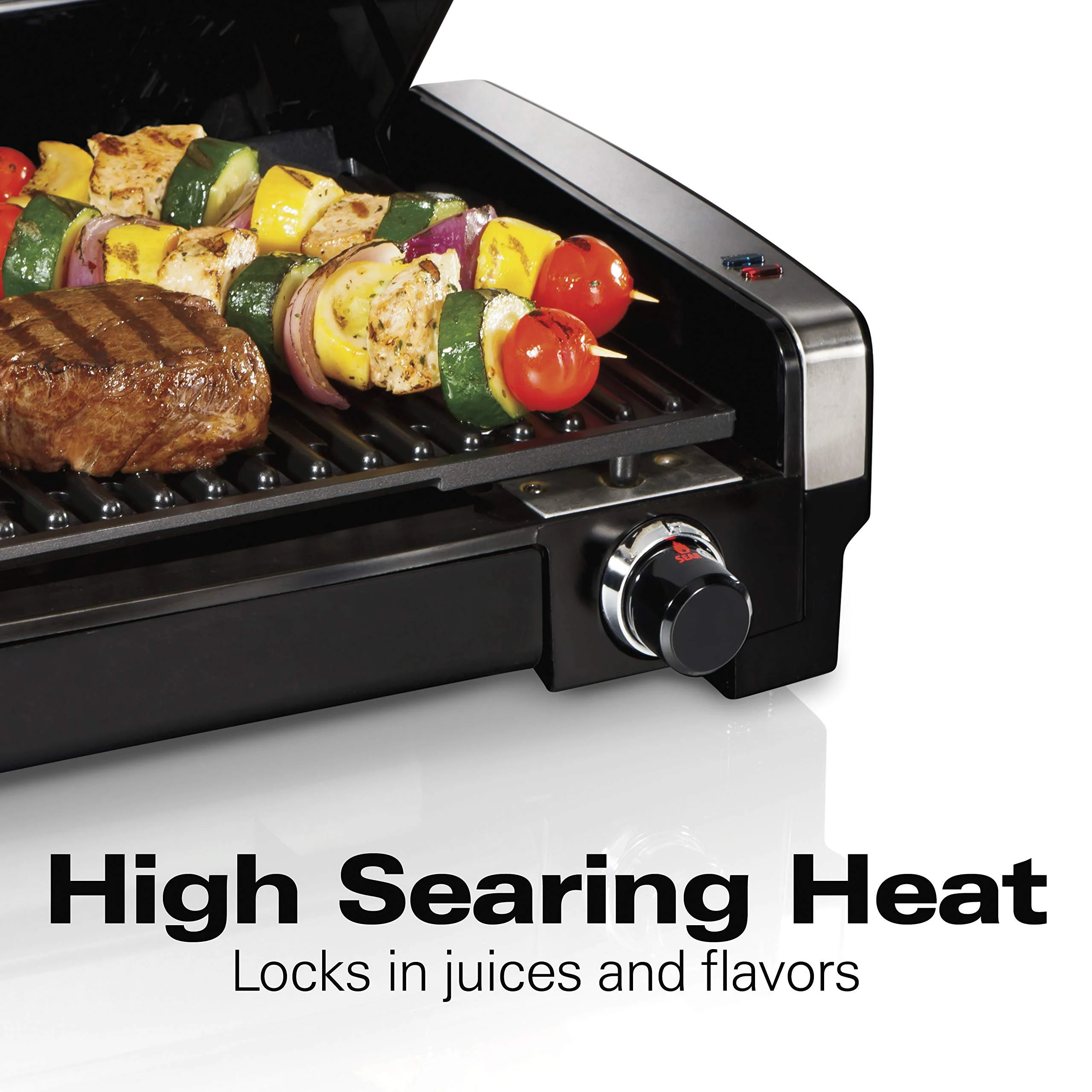 Hamilton Beach Electric Indoor Searing Grill with Adjustable Temperature Control to 450F, Removable Nonstick Grate, 118 sq. in. Surface Serves 6, Stainless Steel