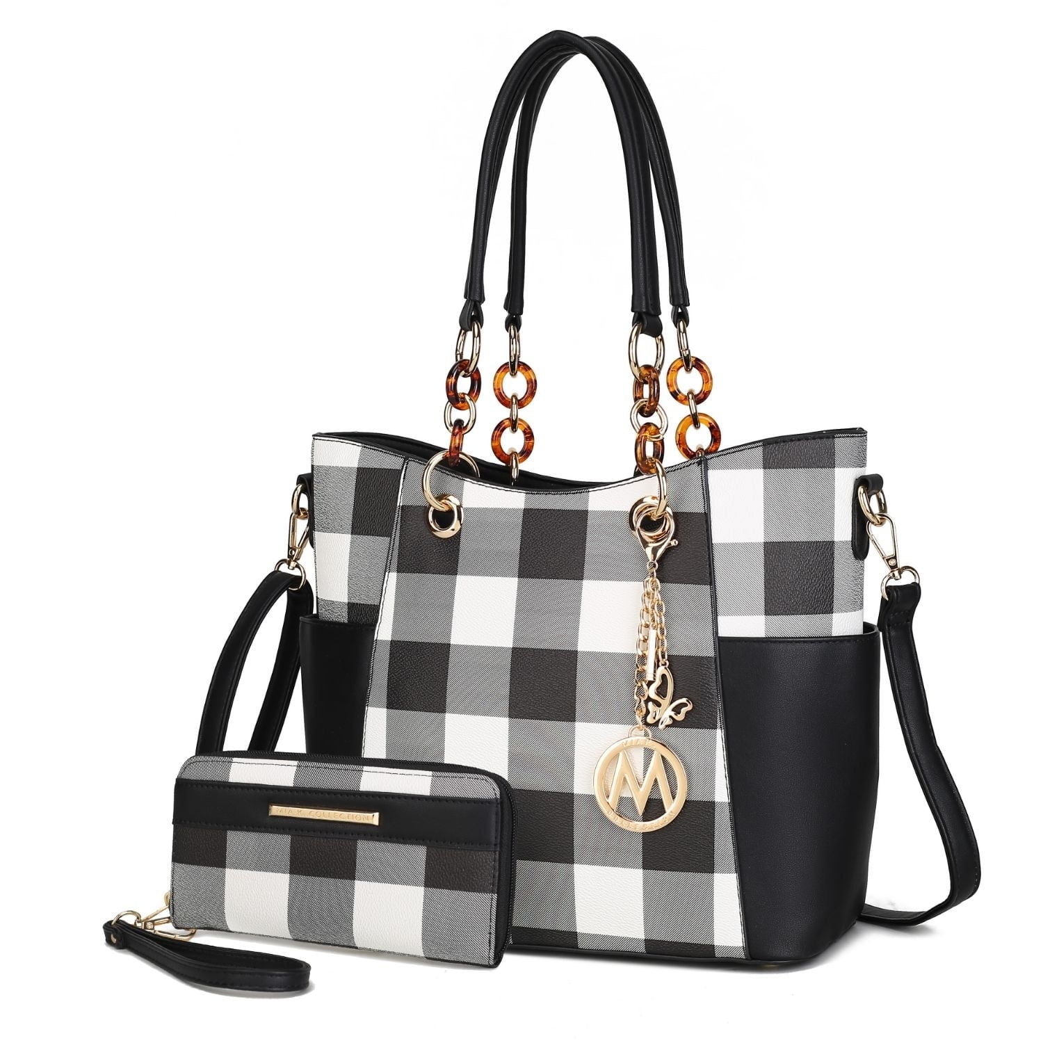 MKF Collection Paloma Women's Checkered Shoulder Bag & Matching Wallet 2-Piece Set by Mia K. - Black