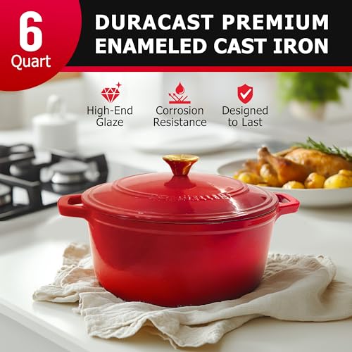 Mueller 6qt Enameled Cast Iron Dutch Oven, Heavy-Duty Casserole and Braiser Pan with Lid and Knob, Oven-Safe up to 500° F & Across All Cooktops, White