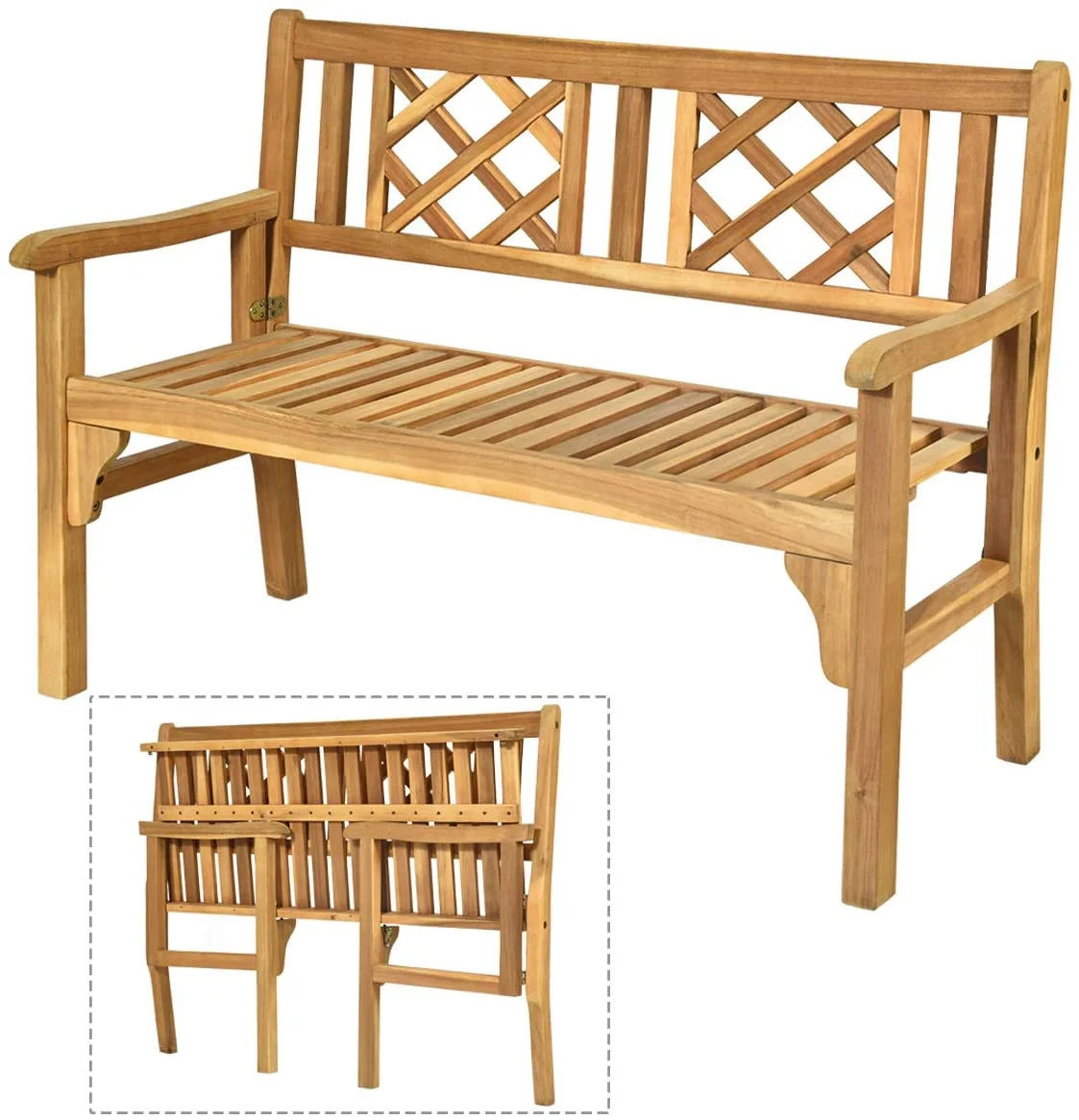Patio Wooden Bench, 4 Ft Foldable Acacia Garden Bench, Two Person Loveseat Chair with Curved Backrest and Armrest Ideal for Patio, Porch or Balcony (Teak)