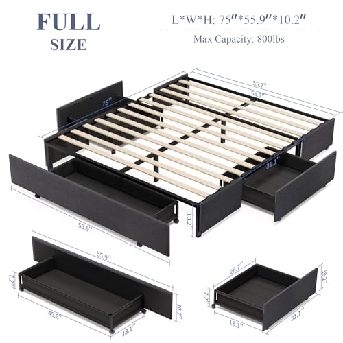 koorlian Full Size Platform Bed Frame with 3 Storage Drawers, Fabric Dust-Proof Sliding Drawers, No Fixed Headboard, No Box Spring Needed, Wooden Slats Support, Noiseless, Easy Assembly,Dark Grey