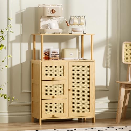 Amazer Sideboard Buffet Cabinet with Storage, Bamboo Storage cabinets, Rattan Sideboard with Adjustable Shelf, Pantry Cupboard for Kitchen Living Room Entry Coffee Bar, Natural Color