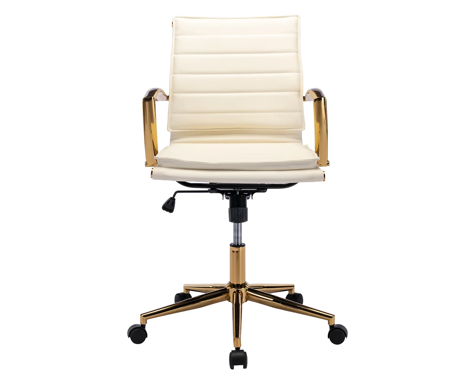 Guyou Faux Leather Swivel Office Chair, Modern Wide Seat Adjustable Height Computer Desk Chair with Backrest and Wheels, Ergonomic Task Chair Conference Chair with Armrests and Gold Metal Base, Beige