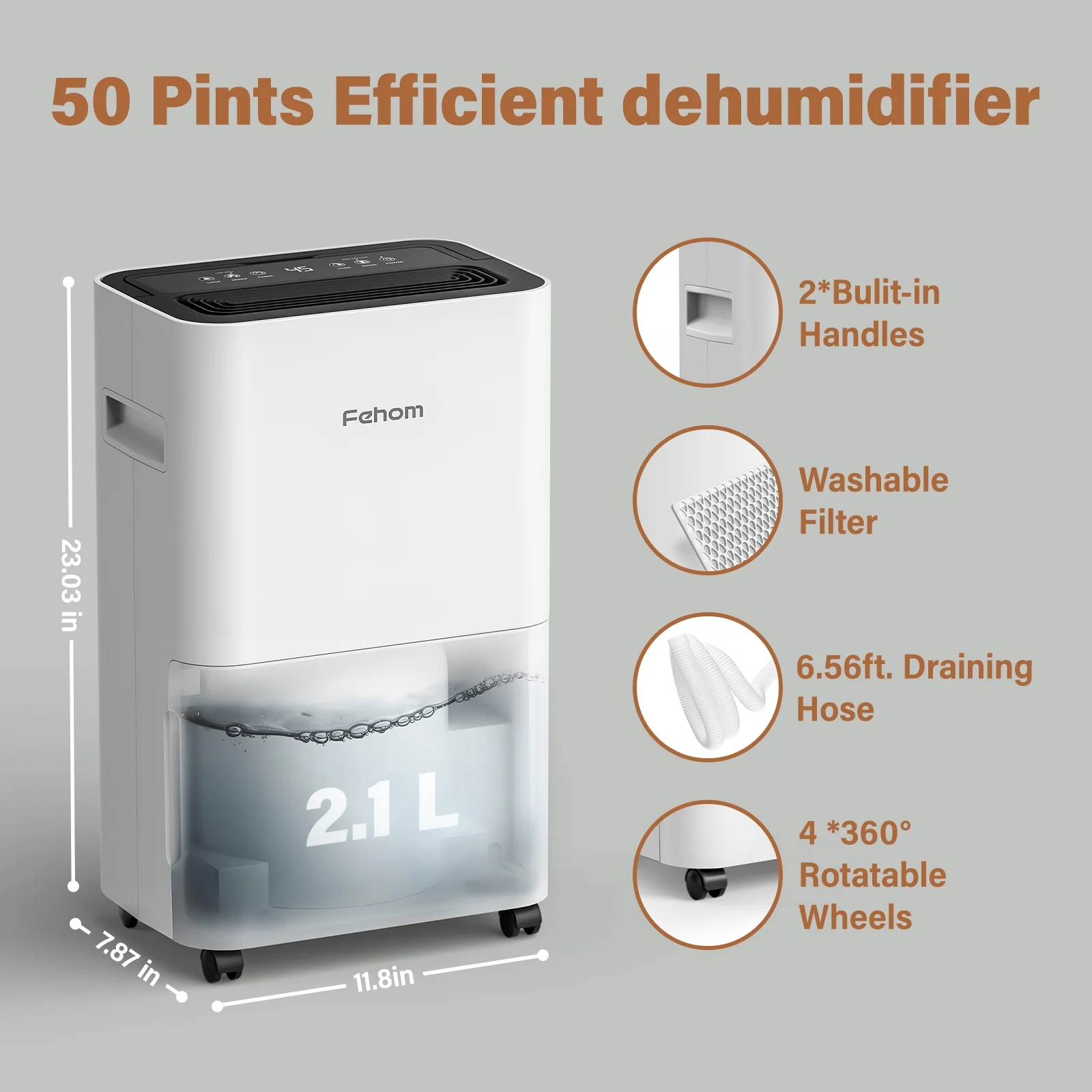 Fehom 50 Pints Dehumidifier for Basement and Home with Drain Hose, Space for 3500 Sq Ft, Auto Shut Off Humidity Control