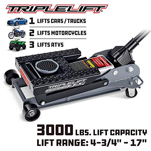 Powerbuilt 2 Ton Triple Lift Floor Jack, Lifts Cars, Trucks, Motorcycles, ATV's, Transmissions, Tie-Down Loops, Locking Safety Bar - 620422E, Silver