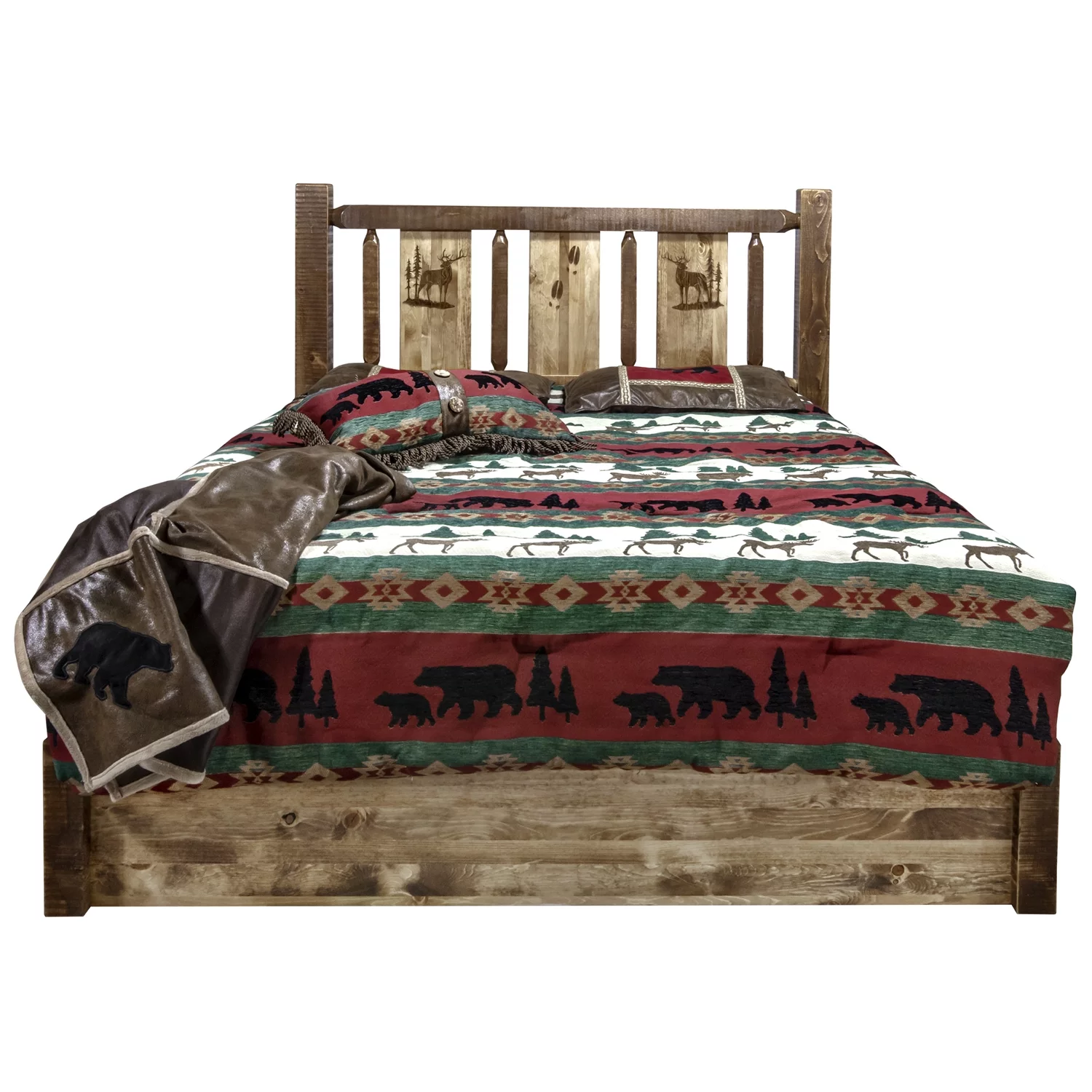 Homestead Collection Platform Bed w/ Storage, California King w/ Laser Engraved Elk Design, Stain & Clear Lacquer Finish