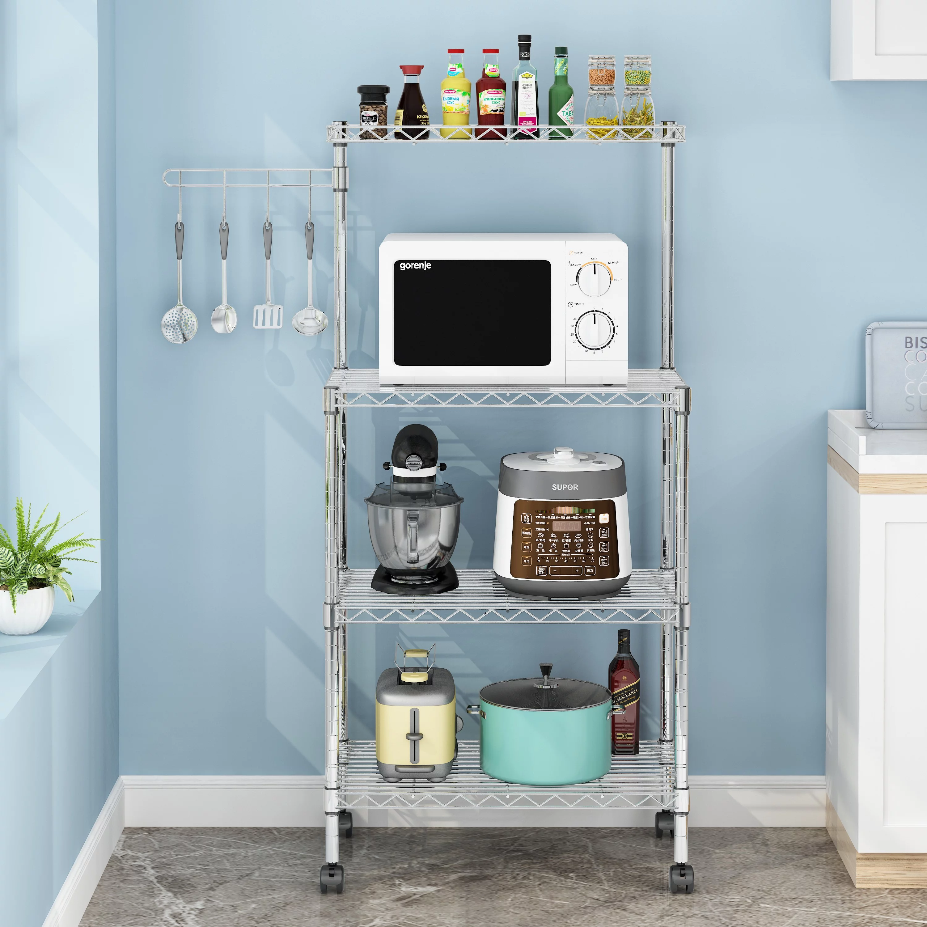 Zimtown 4-Tier Bakers Rack Kitchen Utility Cart Storage Rack Microwave Oven Stand with Hanging Hooks Chrome for Dining Room, Home, Silver