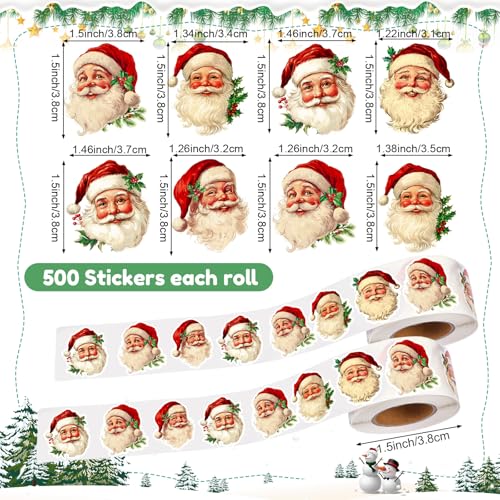 Pasimy 1000 Pcs Vintage Christmas Stickers Retro Santa Sticker Rolls Xmas Santa Claus Stickers for Cards Envelopes DIY Gift Packing Goodie Gift Bag Fillers Christmas Holiday Birthday Party Supplies