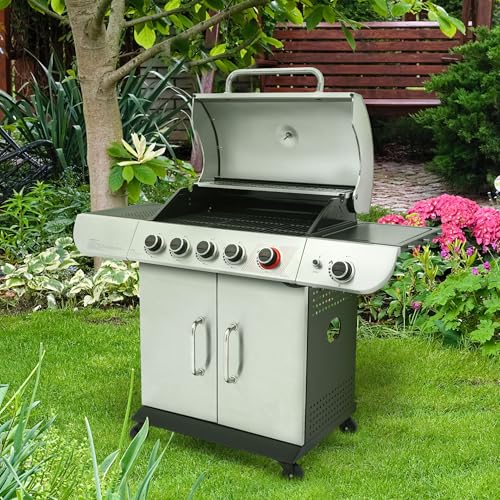 Royal Gourmet SG5002 5 Burner Propane Gas Grill with Side Burner & Sear Burner, Stainless Steel Gas Grill with 61,000 BTUs Output for Outdoor Patio Garden Backyard Cooking, Silver
