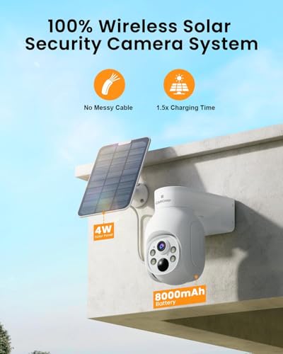 Camcamp Wireless Security Camera System, Solar Powered PTZ 4MP 6 Cam-kit Camera Security System, 500GB HDD NVR,Easy Installation, Color Night Vision, 2 Way Audio, 2.4G & 5G WiFi for Home Outdoor